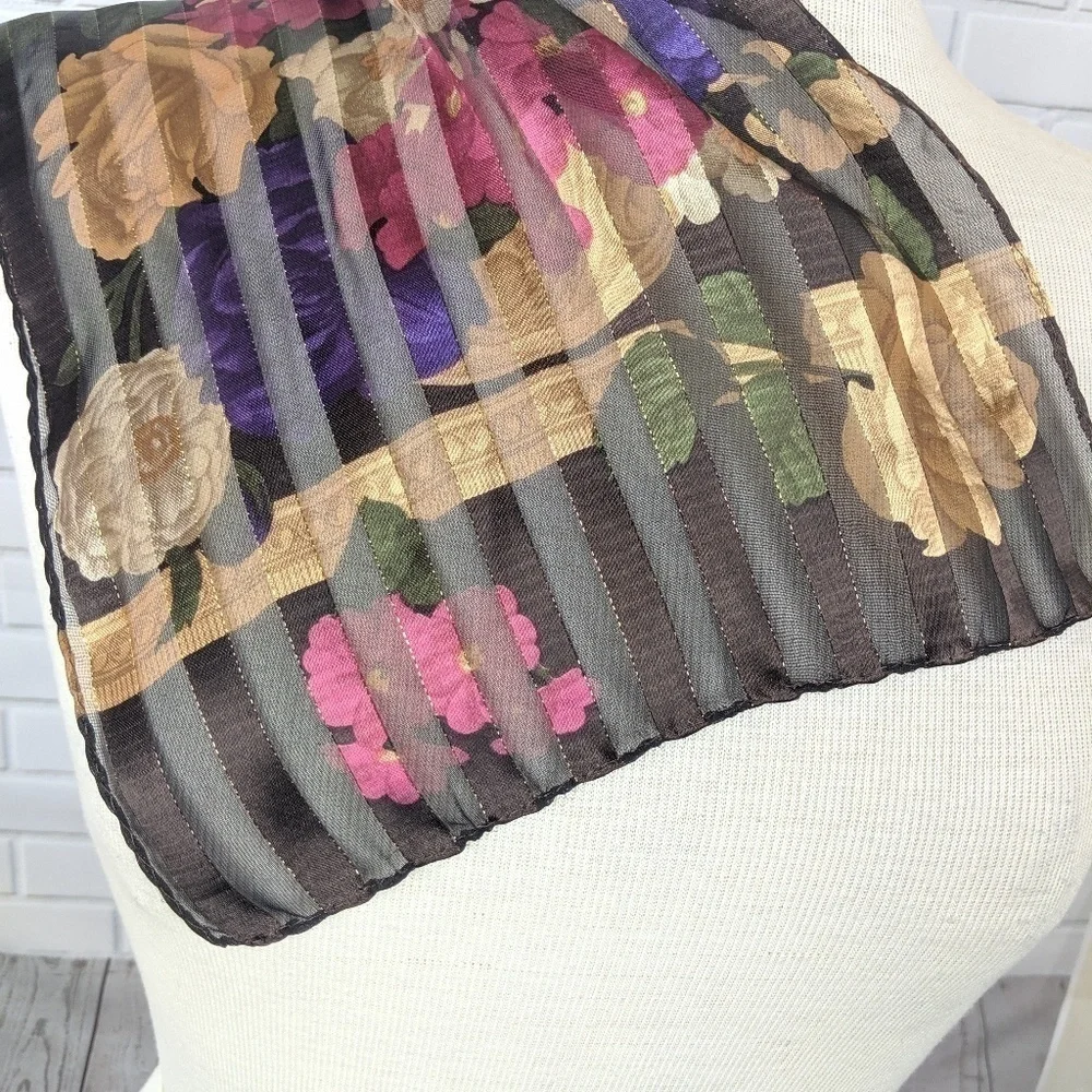 Liz Claiborne Satin Brown & Gold Floral Scarf‎